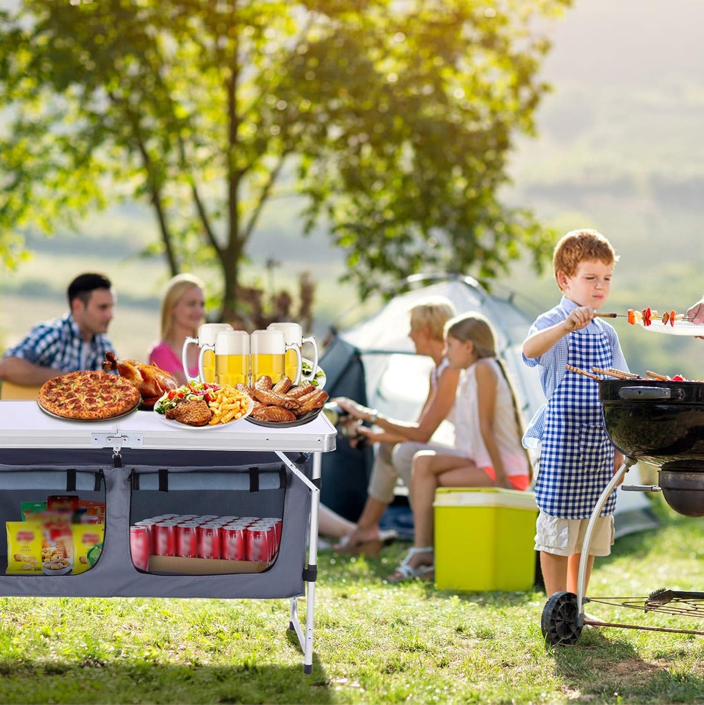 Adjustable Height Aluminum Folding Camping Table with Storage - Lightweight Portable Picnic Table for Outdoor Activities, Tailgating, Travel, BBQ, and Parties