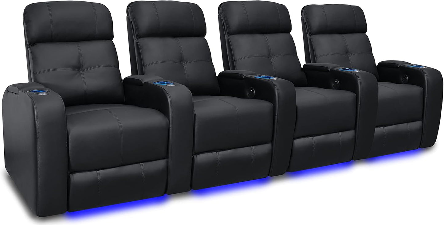 Valencia Verona Home Theater Seating - Premium Top Grain Italian Leather 9000, Power Recliner with LED Lighting (Row of 2, Black)