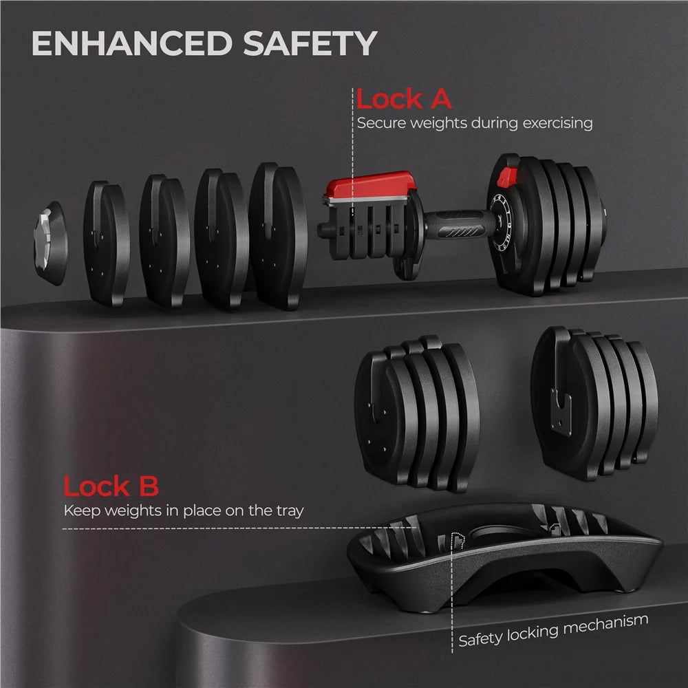 Adjustable 40 lb Dumbbell Set with Anti-Slip Handle and Storage Tray, Black
