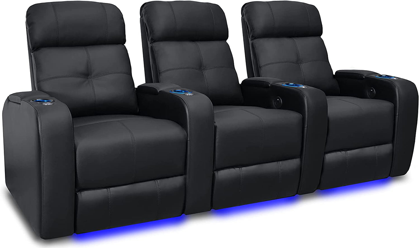 Valencia Verona Home Theater Seating - Premium Top Grain Italian Leather 9000, Power Recliner with LED Lighting (Row of 2, Black)