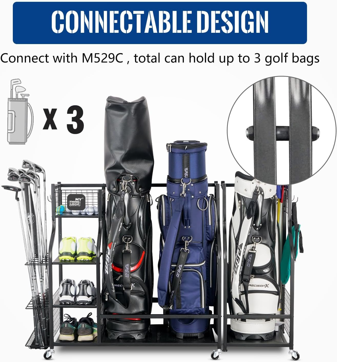 Mythinglogic Golf Storage Organizer: Premium Garage Rack for Golf Bags and Equipment