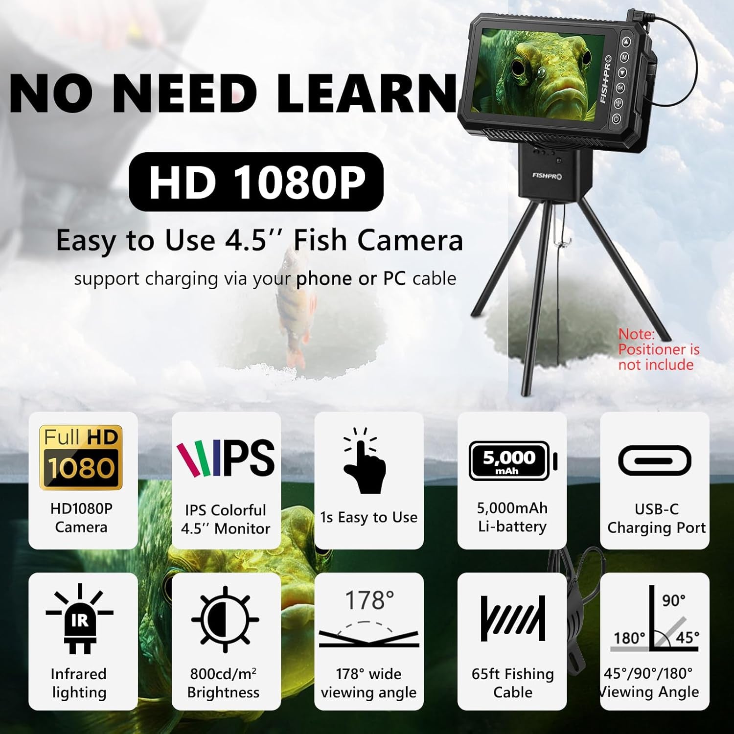 Fishpro® 2026 Enhanced 4.5'' True HD 1080P Underwater Fishing Camera - Ice Fishing Solution with 5,000mAh Battery, USB-C, IR+LED, and Fish Finder for Ice, Lake, and Kayak, 20M/66Ft