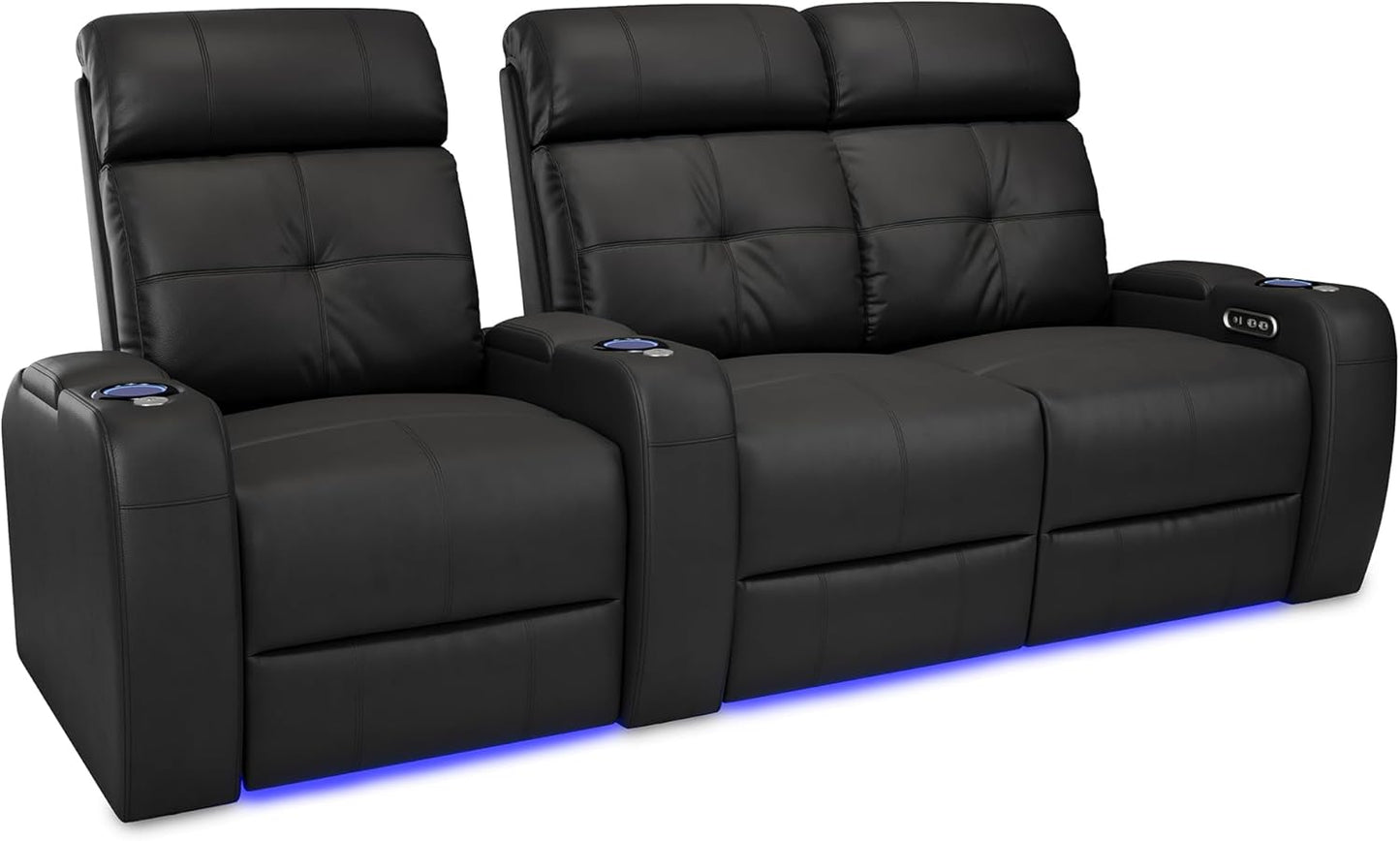Valencia Verona Home Theater Seating - Premium Top Grain Italian Leather 9000, Power Recliner with LED Lighting (Row of 2, Black)