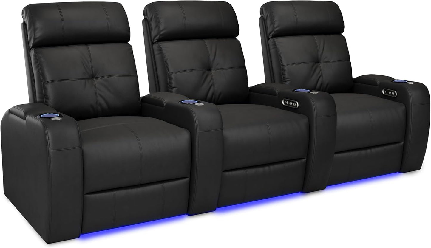 Valencia Verona Home Theater Seating - Premium Top Grain Italian Leather 9000, Power Recliner with LED Lighting (Row of 2, Black)