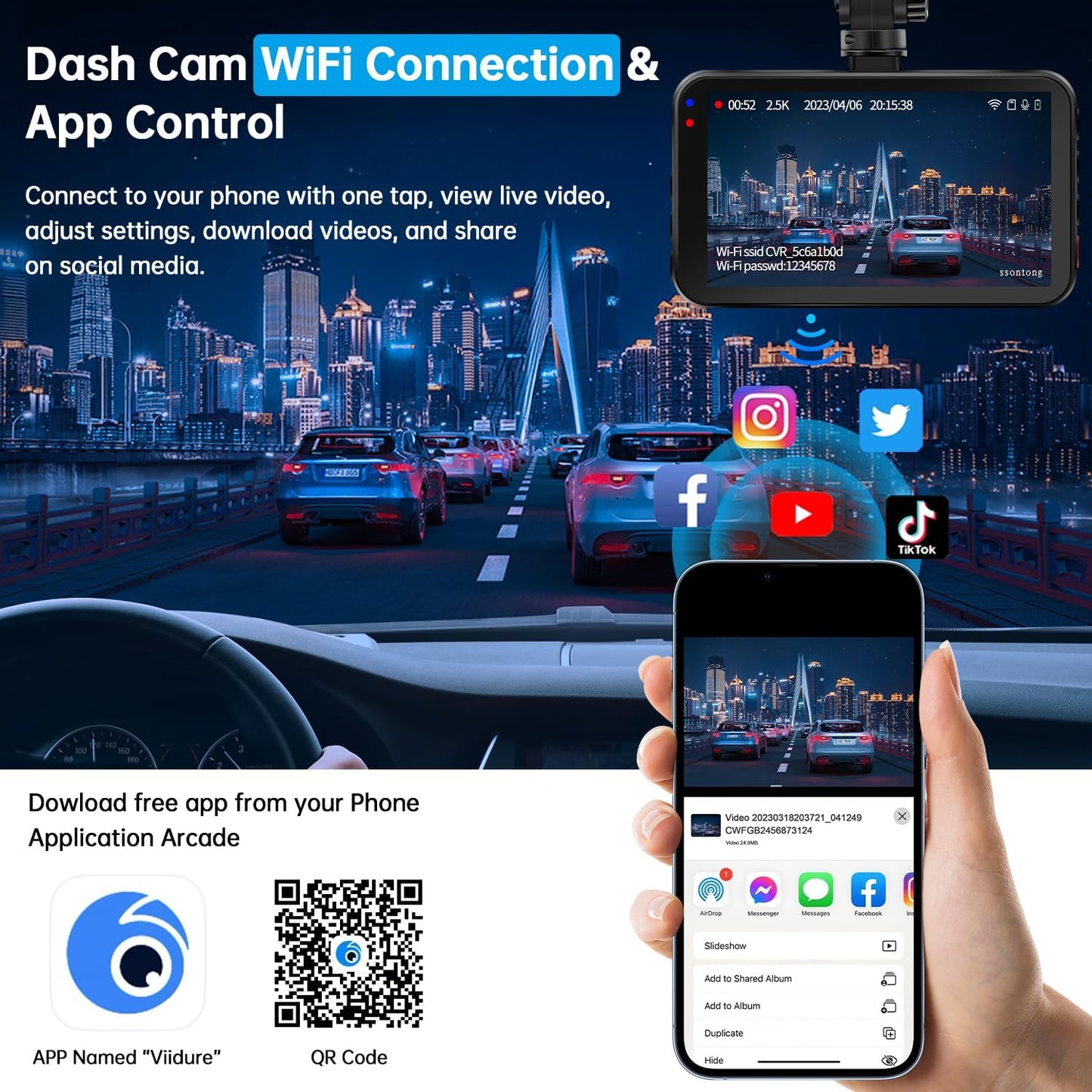 Dual Dash Camera System with Front and Rear Recording, 2.5K Front and 1080P Rear Resolution, WiFi/App Control, 64GB Card Included, Enhanced Night Vision, Loop Recording, G-Sensor, Supports Up to 256GB Storage