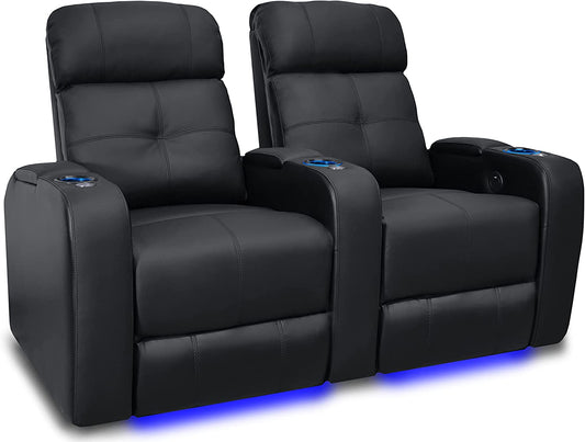 Valencia Verona Home Theater Seating - Premium Top Grain Italian Leather 9000, Power Recliner with LED Lighting (Row of 2, Black)