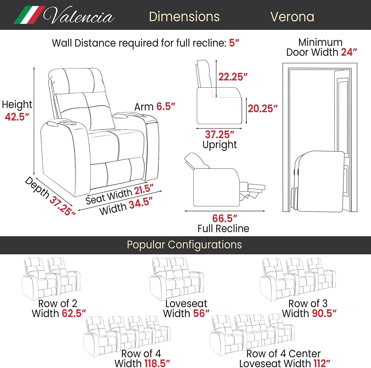 Valencia Verona Home Theater Seating - Premium Top Grain Italian Leather 9000, Power Recliner with LED Lighting (Row of 2, Black)