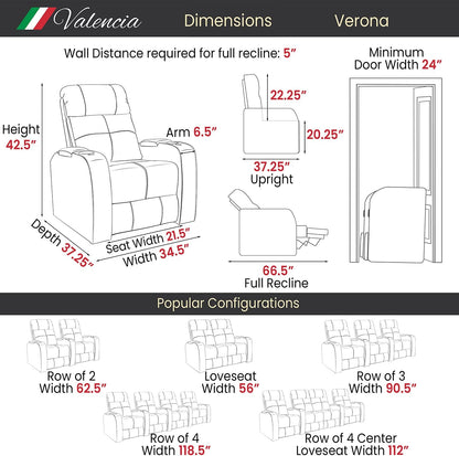 Valencia Verona Home Theater Seating - Premium Top Grain Italian Leather 9000, Power Recliner with LED Lighting (Row of 2, Black)