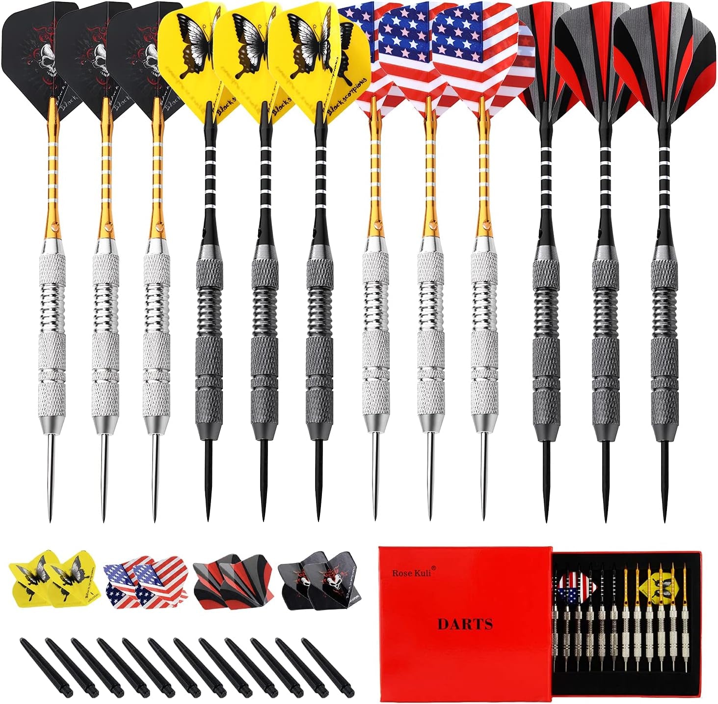 Professional Steel Tip Darts Set - 12 Pack, 24g Metal Darts with 20 Flights (4 Styles) and 12 Aluminum Shafts