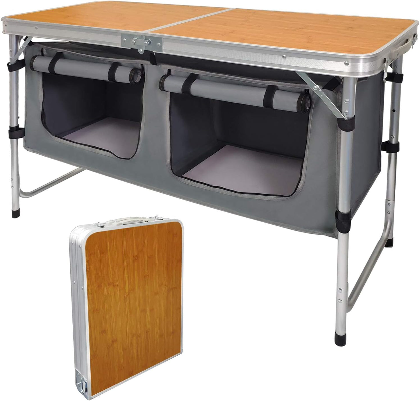 Adjustable Height Aluminum Folding Camping Table with Storage - Lightweight Portable Picnic Table for Outdoor Activities, Tailgating, Travel, BBQ, and Parties
