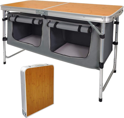 Adjustable Height Aluminum Folding Camping Table with Storage - Lightweight Portable Picnic Table for Outdoor Activities, Tailgating, Travel, BBQ, and Parties