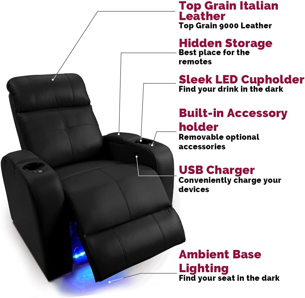 Valencia Verona Home Theater Seating - Premium Top Grain Italian Leather 9000, Power Recliner with LED Lighting (Row of 2, Black)