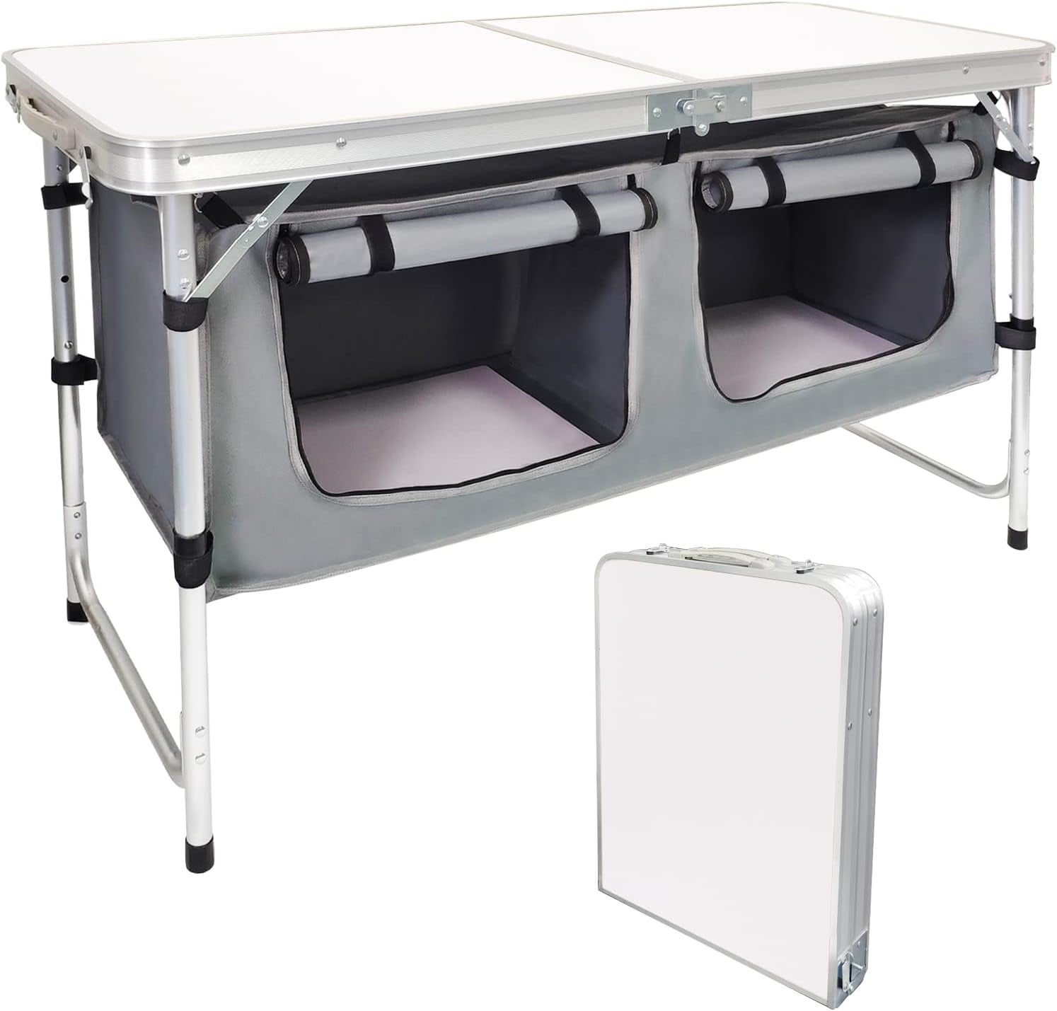 Adjustable Height Aluminum Folding Camping Table with Storage - Lightweight Portable Picnic Table for Outdoor Activities, Tailgating, Travel, BBQ, and Parties