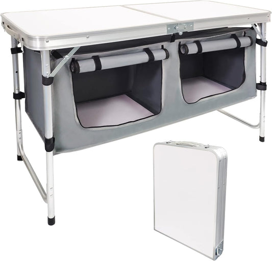 Adjustable Height Aluminum Folding Camping Table with Storage - Lightweight Portable Picnic Table for Outdoor Activities, Tailgating, Travel, BBQ, and Parties