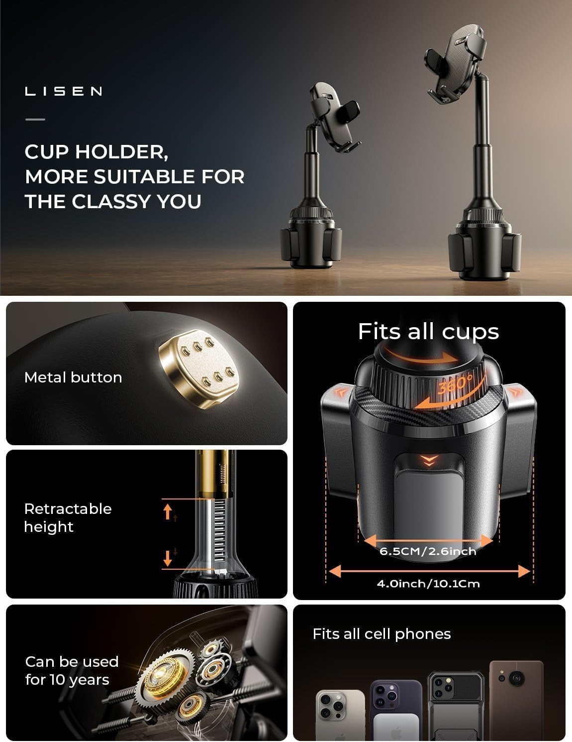 LISEN Vehicle Cup Holder Phone Mount - Secure and Stable Holder for iPhone 15/14/13 Pro Max and Samsung Devices (4-7 inches)