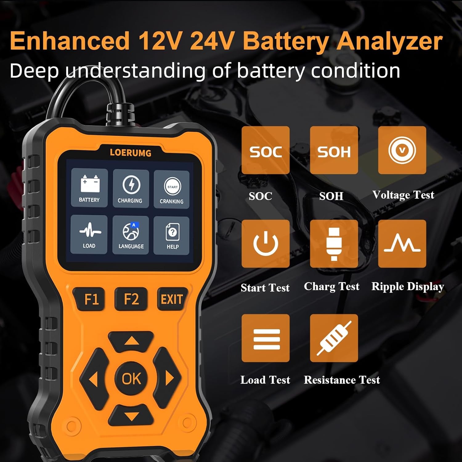 Professional Digital Battery Analyzer and Charging System Diagnostic Tool for 12V/24V Automotive, Truck, Marine, Motorcycle, SUV, and Boat Applications