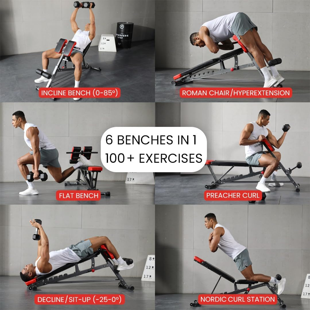 Finer Form Multi-Functional FID Weight Bench for Comprehensive Body Workouts – Hyper Back Extension, Roman Chair, Adjustable Ab Sit-Up Bench, Incline/Decline Bench, Flat Bench