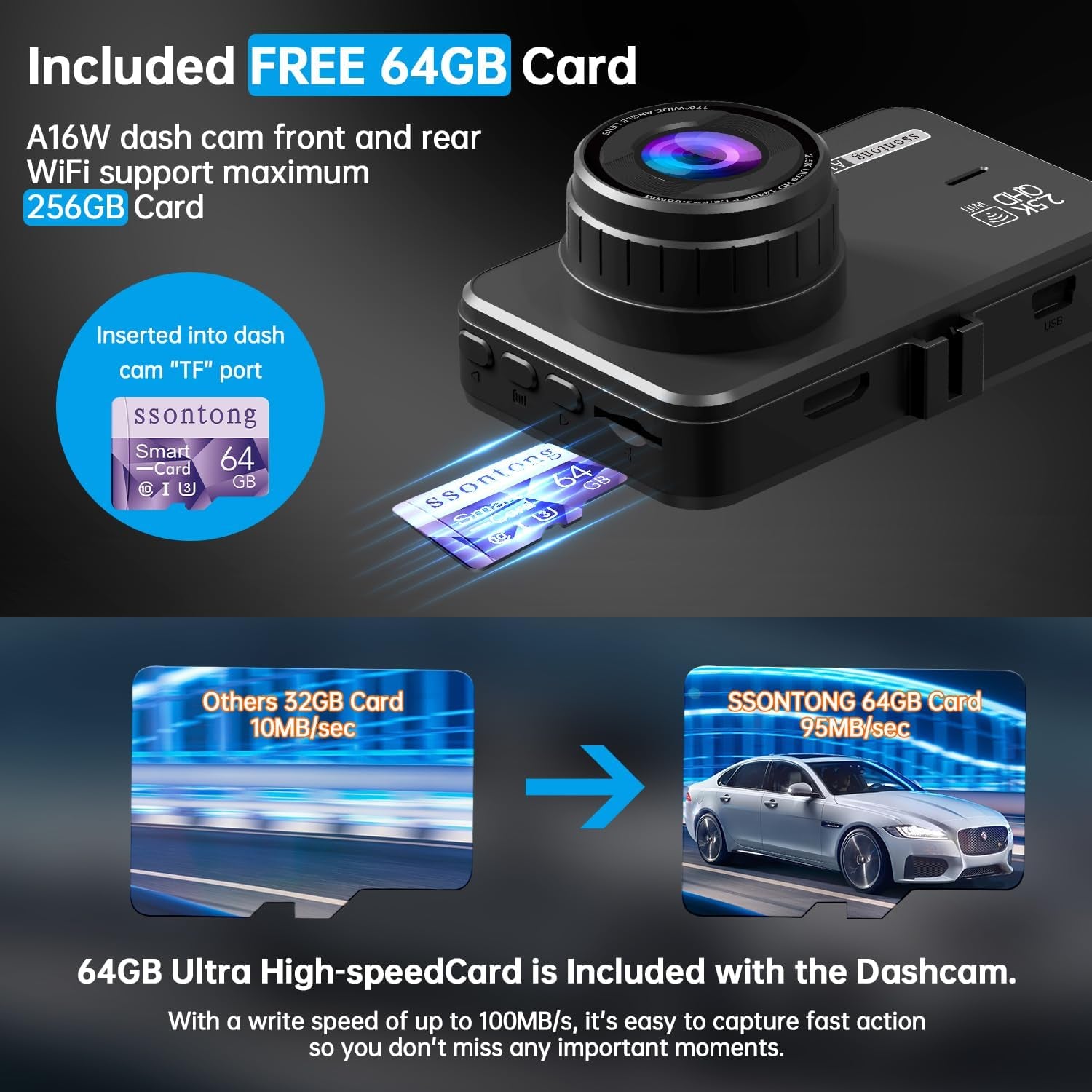 Dual Dash Camera System with Front and Rear Recording, 2.5K Front and 1080P Rear Resolution, WiFi/App Control, 64GB Card Included, Enhanced Night Vision, Loop Recording, G-Sensor, Supports Up to 256GB Storage