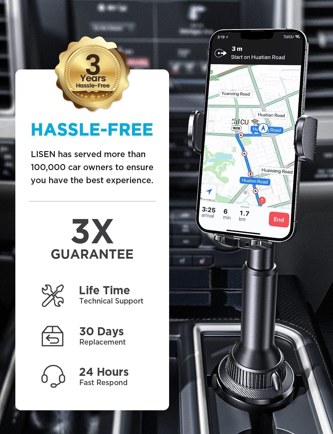 LISEN Vehicle Cup Holder Phone Mount - Secure and Stable Holder for iPhone 15/14/13 Pro Max and Samsung Devices (4-7 inches)