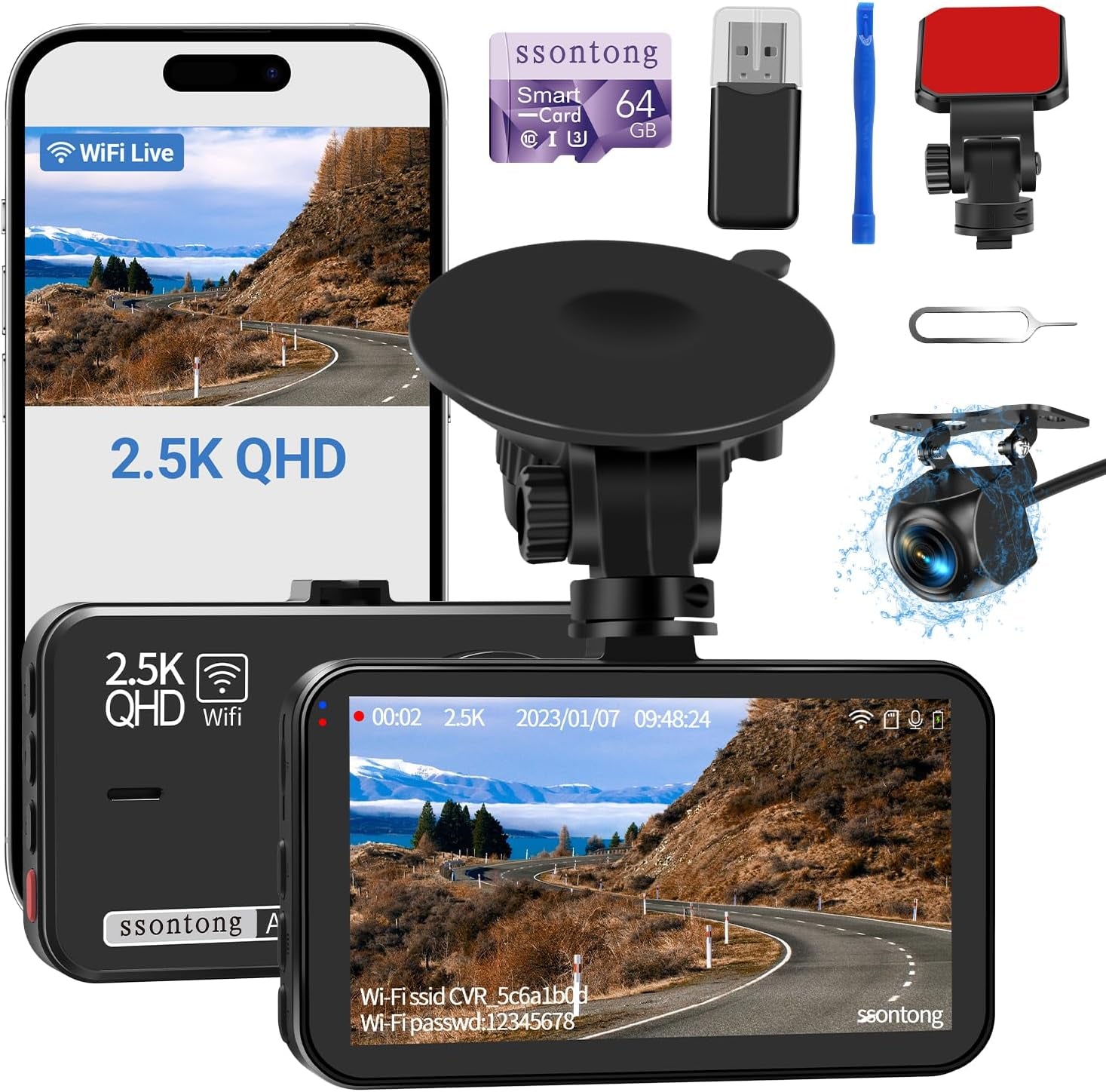 Dual Dash Camera System with Front and Rear Recording, 2.5K Front and 1080P Rear Resolution, WiFi/App Control, 64GB Card Included, Enhanced Night Vision, Loop Recording, G-Sensor, Supports Up to 256GB Storage