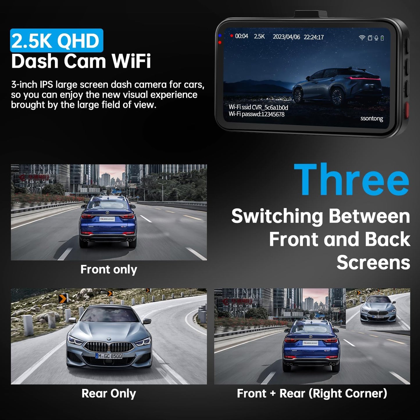 Dual Dash Camera System with Front and Rear Recording, 2.5K Front and 1080P Rear Resolution, WiFi/App Control, 64GB Card Included, Enhanced Night Vision, Loop Recording, G-Sensor, Supports Up to 256GB Storage