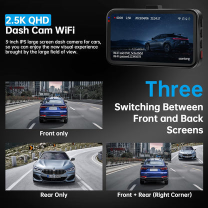 Dual Dash Camera System with Front and Rear Recording, 2.5K Front and 1080P Rear Resolution, WiFi/App Control, 64GB Card Included, Enhanced Night Vision, Loop Recording, G-Sensor, Supports Up to 256GB Storage