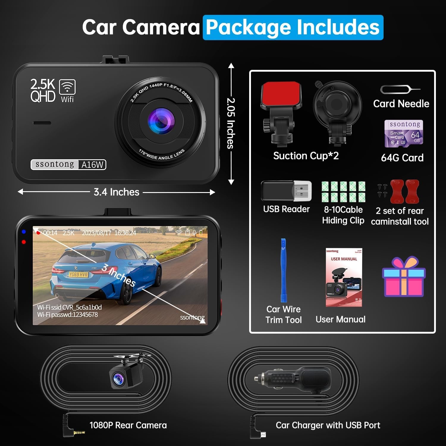 Dual Dash Camera System with Front and Rear Recording, 2.5K Front and 1080P Rear Resolution, WiFi/App Control, 64GB Card Included, Enhanced Night Vision, Loop Recording, G-Sensor, Supports Up to 256GB Storage