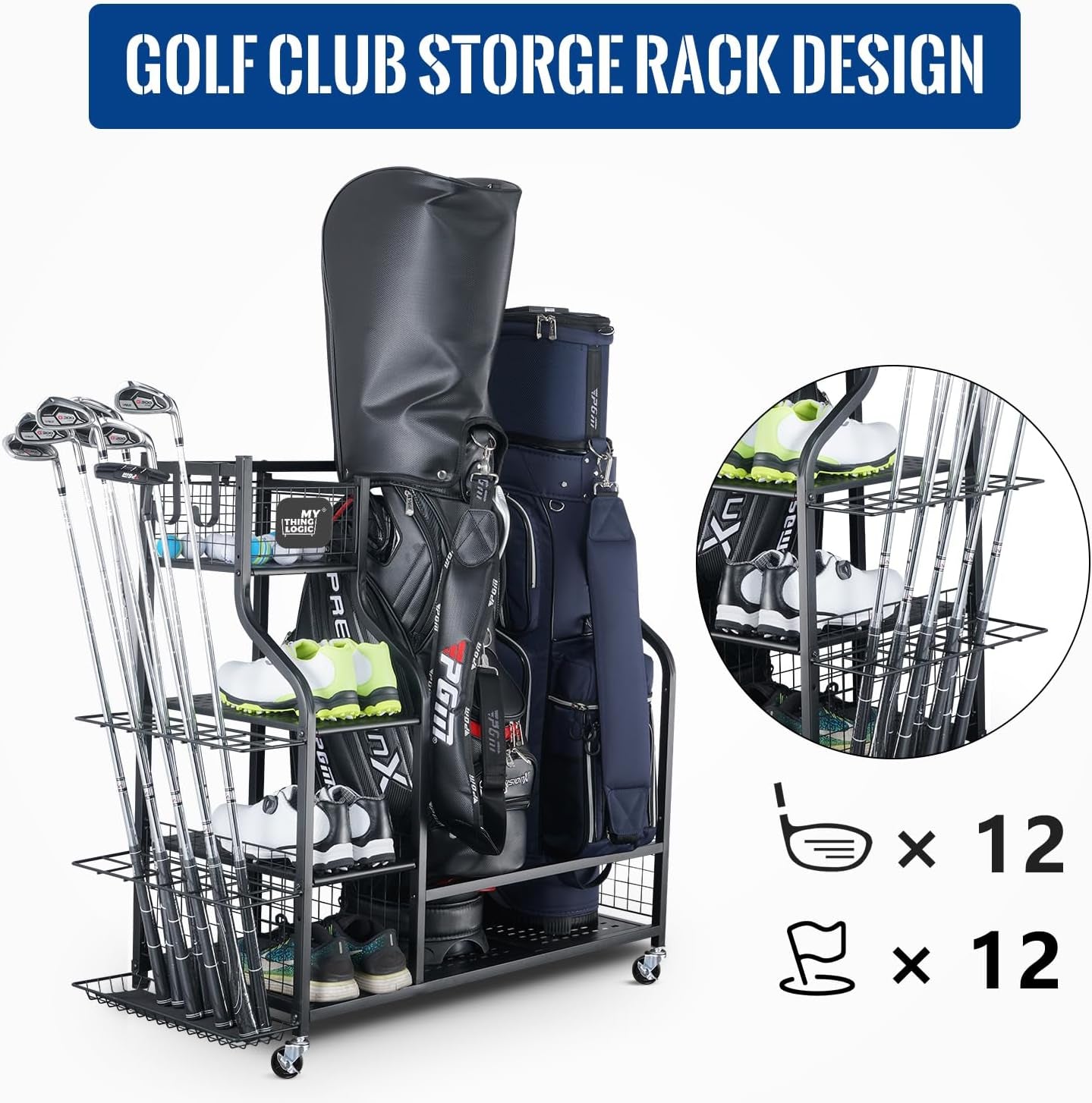 Mythinglogic Golf Storage Organizer: Premium Garage Rack for Golf Bags and Equipment