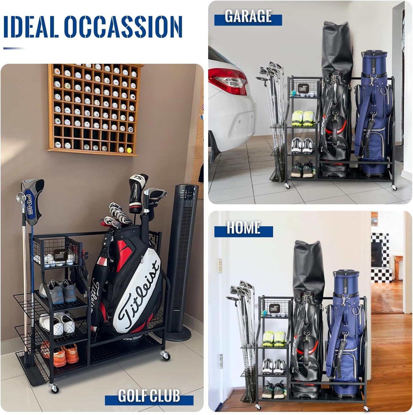 Mythinglogic Golf Storage Organizer: Premium Garage Rack for Golf Bags and Equipment