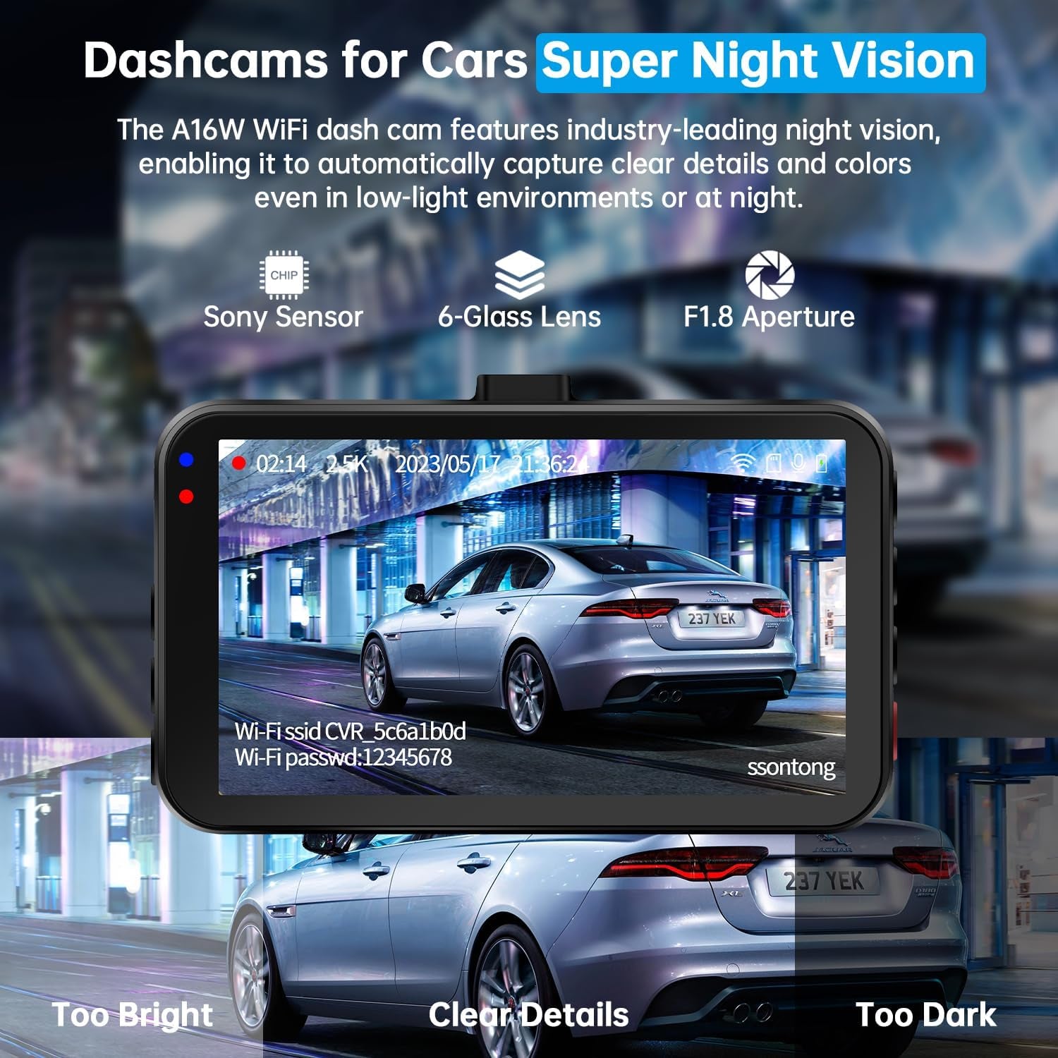 Dual Dash Camera System with Front and Rear Recording, 2.5K Front and 1080P Rear Resolution, WiFi/App Control, 64GB Card Included, Enhanced Night Vision, Loop Recording, G-Sensor, Supports Up to 256GB Storage