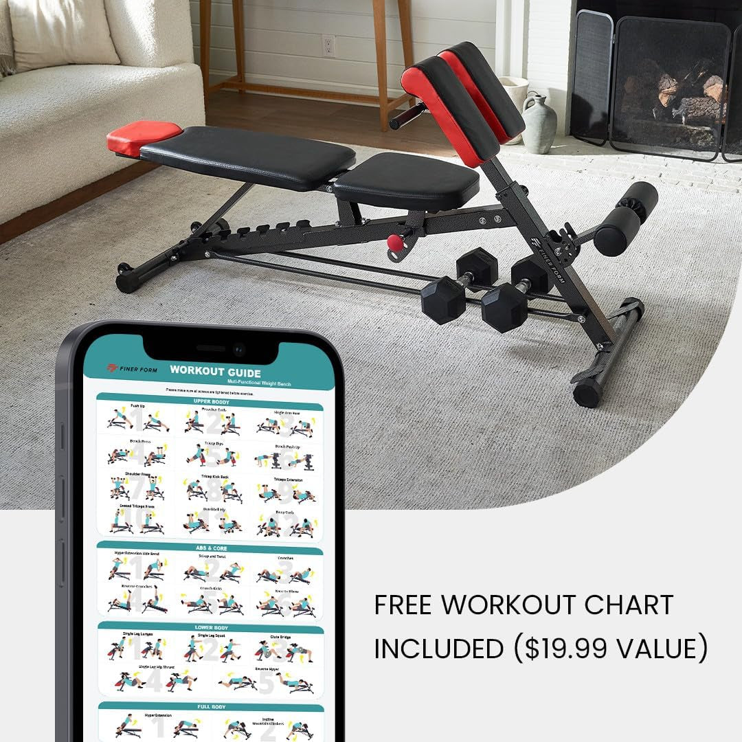 Finer Form Multi-Functional FID Weight Bench for Comprehensive Body Workouts – Hyper Back Extension, Roman Chair, Adjustable Ab Sit-Up Bench, Incline/Decline Bench, Flat Bench