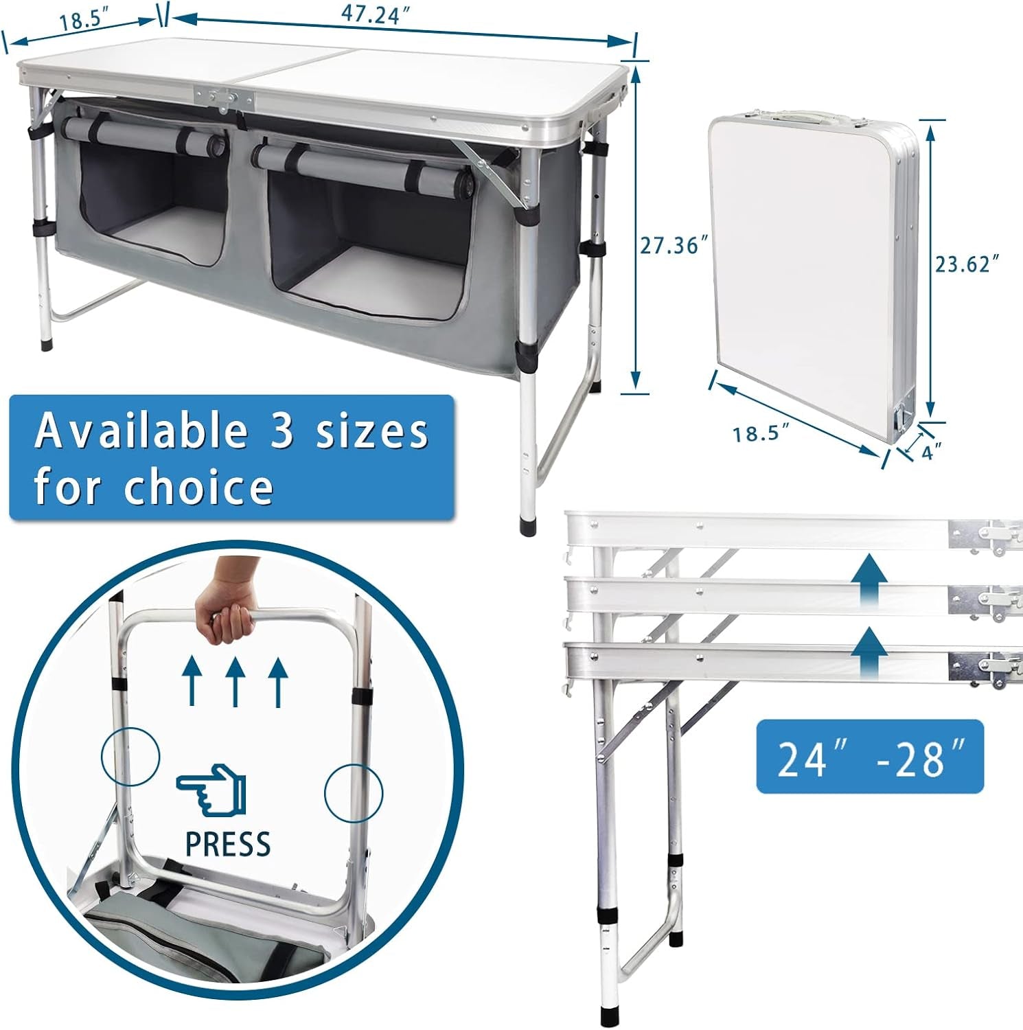 Adjustable Height Aluminum Folding Camping Table with Storage - Lightweight Portable Picnic Table for Outdoor Activities, Tailgating, Travel, BBQ, and Parties