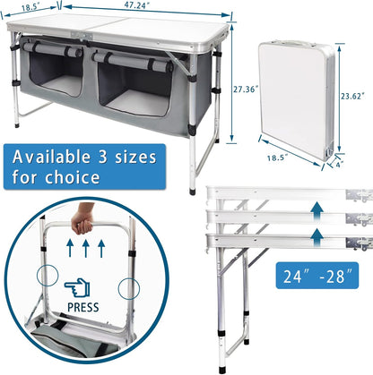 Adjustable Height Aluminum Folding Camping Table with Storage - Lightweight Portable Picnic Table for Outdoor Activities, Tailgating, Travel, BBQ, and Parties