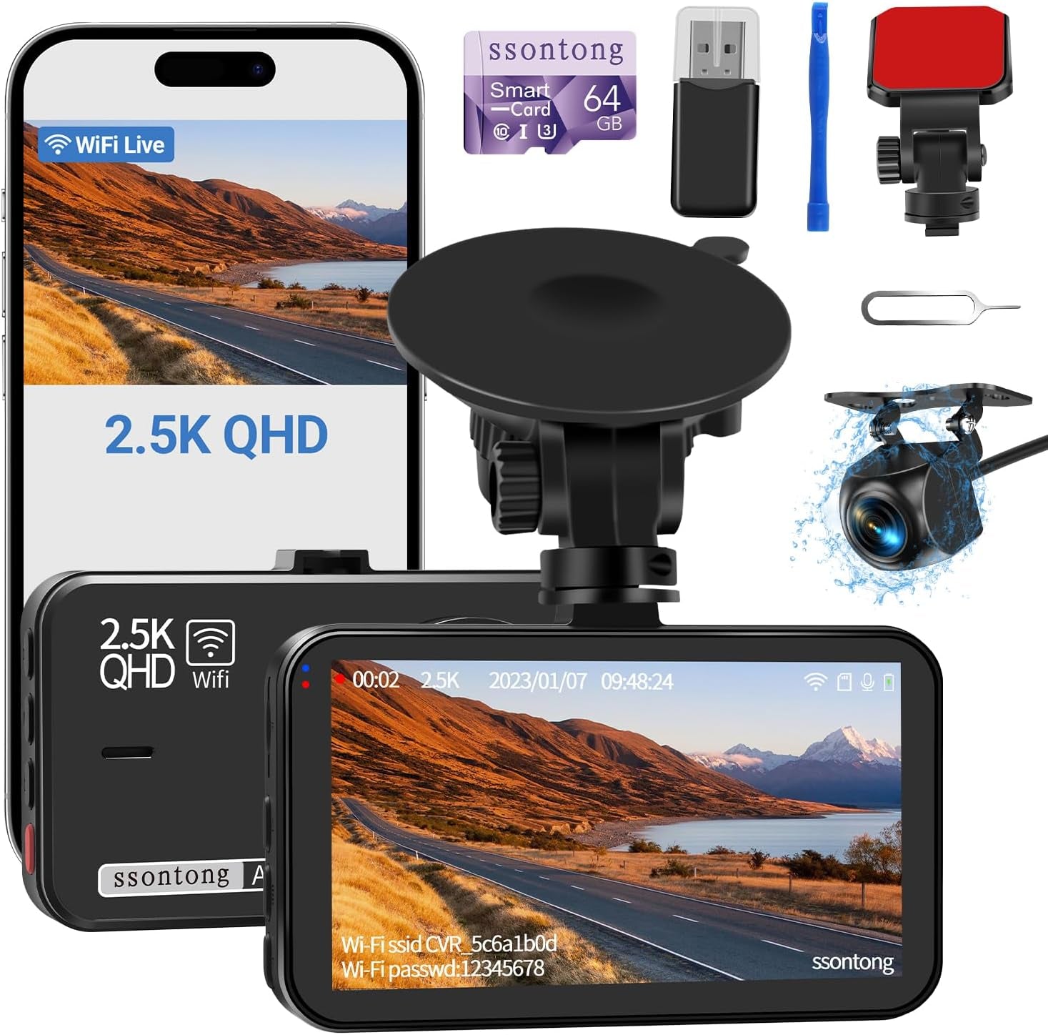 Dual Dash Camera System with Front and Rear Recording, 2.5K Front and 1080P Rear Resolution, WiFi/App Control, 64GB Card Included, Enhanced Night Vision, Loop Recording, G-Sensor, Supports Up to 256GB Storage