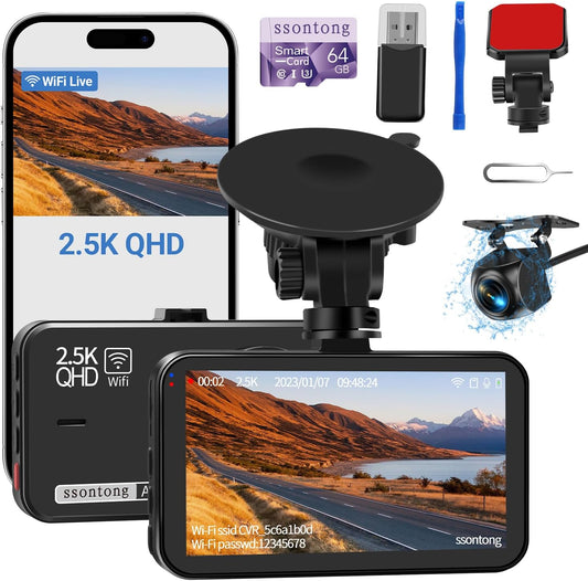 Dual Dash Camera System with Front and Rear Recording, 2.5K Front and 1080P Rear Resolution, WiFi/App Control, 64GB Card Included, Enhanced Night Vision, Loop Recording, G-Sensor, Supports Up to 256GB Storage
