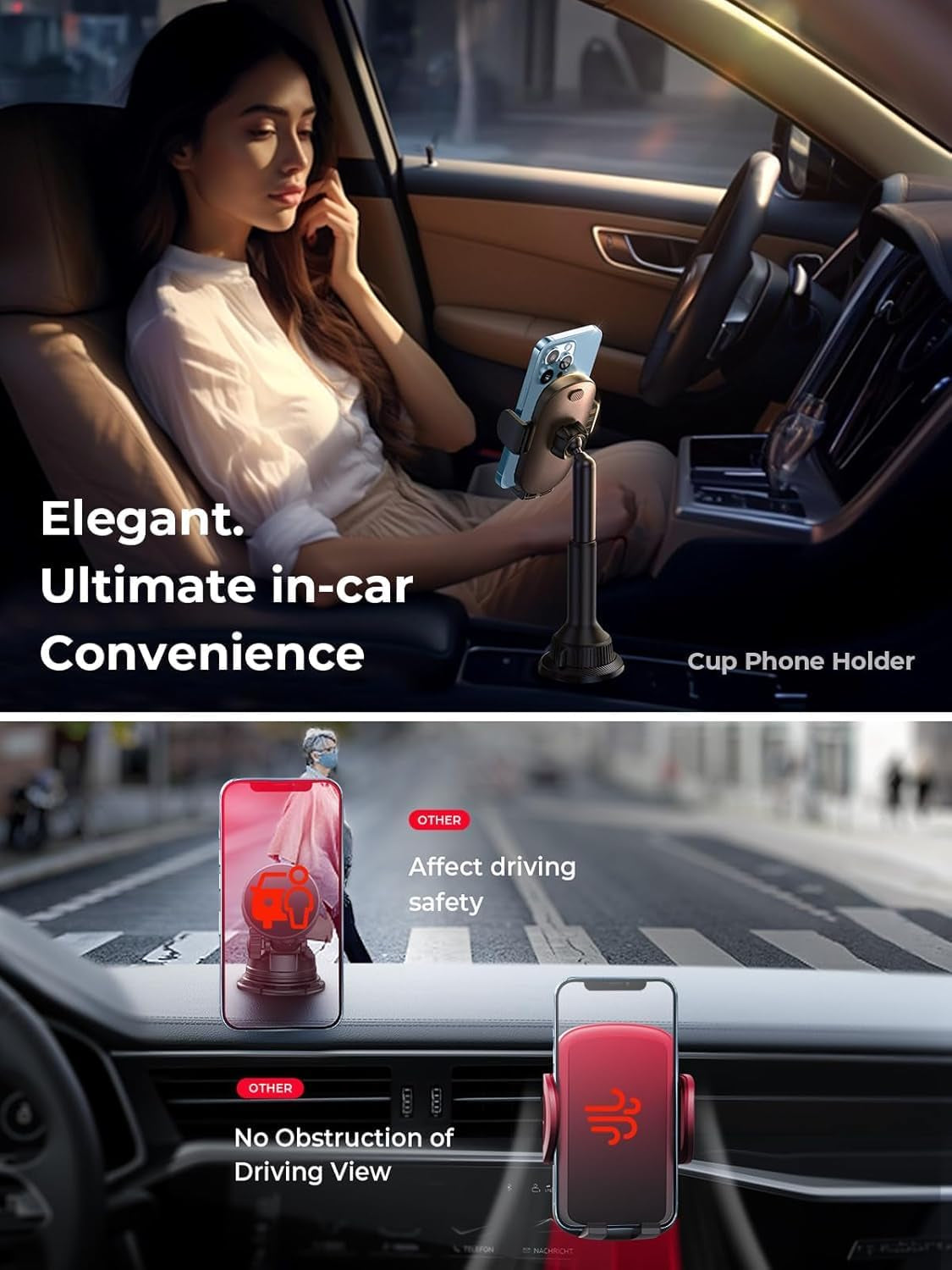 LISEN Vehicle Cup Holder Phone Mount - Secure and Stable Holder for iPhone 15/14/13 Pro Max and Samsung Devices (4-7 inches)