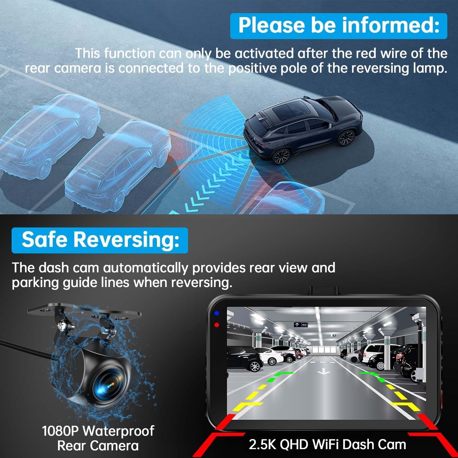 Dual Dash Camera System with Front and Rear Recording, 2.5K Front and 1080P Rear Resolution, WiFi/App Control, 64GB Card Included, Enhanced Night Vision, Loop Recording, G-Sensor, Supports Up to 256GB Storage