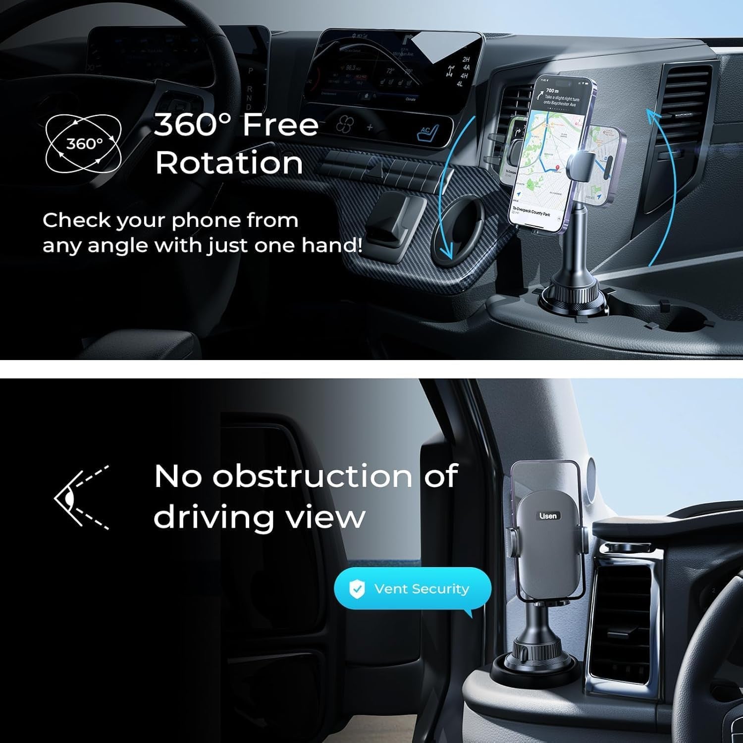 LISEN Vehicle Cup Holder Phone Mount - Secure and Stable Holder for iPhone 15/14/13 Pro Max and Samsung Devices (4-7 inches)