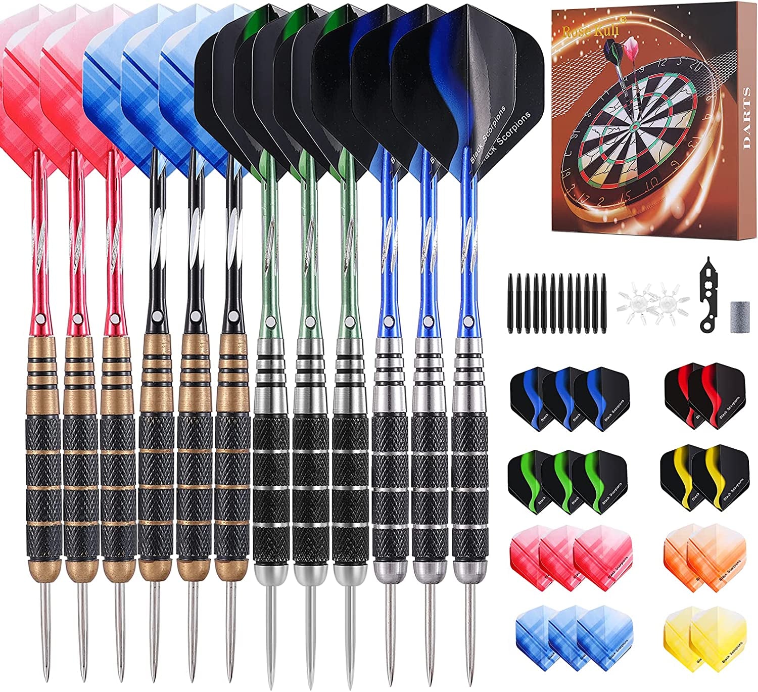 Professional Steel Tip Darts Set - 12 Pack, 24g Metal Darts with 20 Flights (4 Styles) and 12 Aluminum Shafts