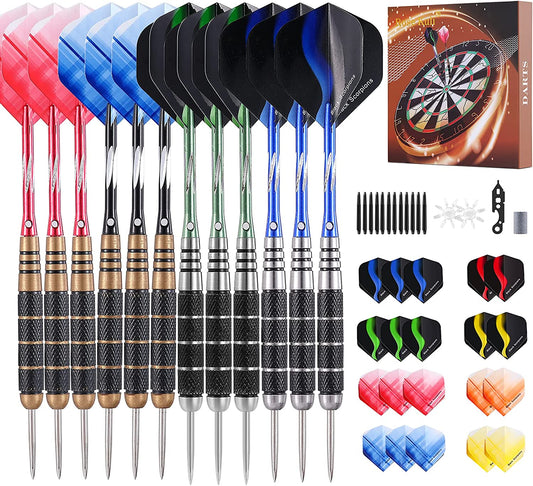 Professional Steel Tip Darts Set - 12 Pack, 24g Metal Darts with 20 Flights (4 Styles) and 12 Aluminum Shafts