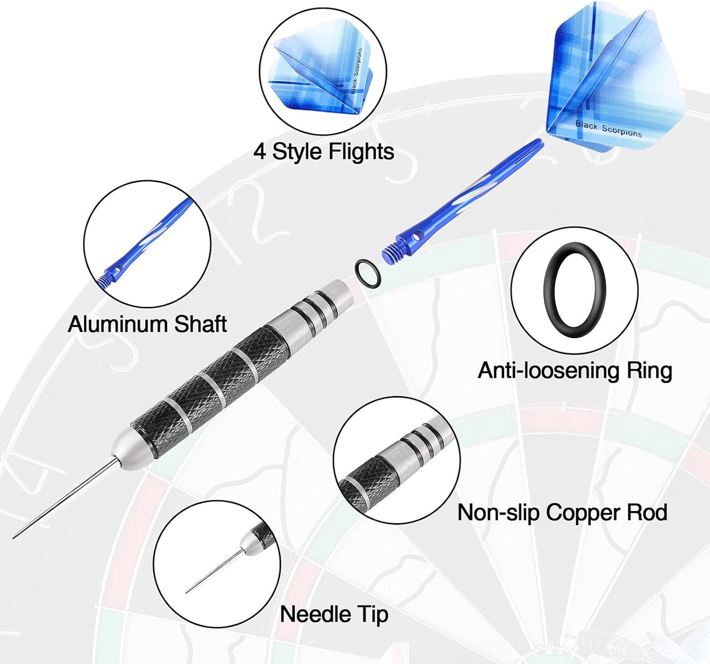 Professional Steel Tip Darts Set - 12 Pack, 24g Metal Darts with 20 Flights (4 Styles) and 12 Aluminum Shafts