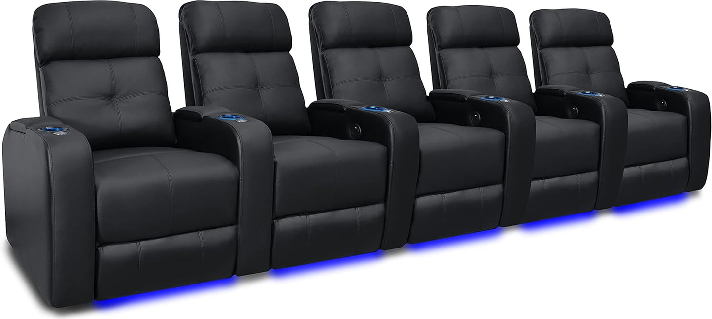 Valencia Verona Home Theater Seating - Premium Top Grain Italian Leather 9000, Power Recliner with LED Lighting (Row of 2, Black)